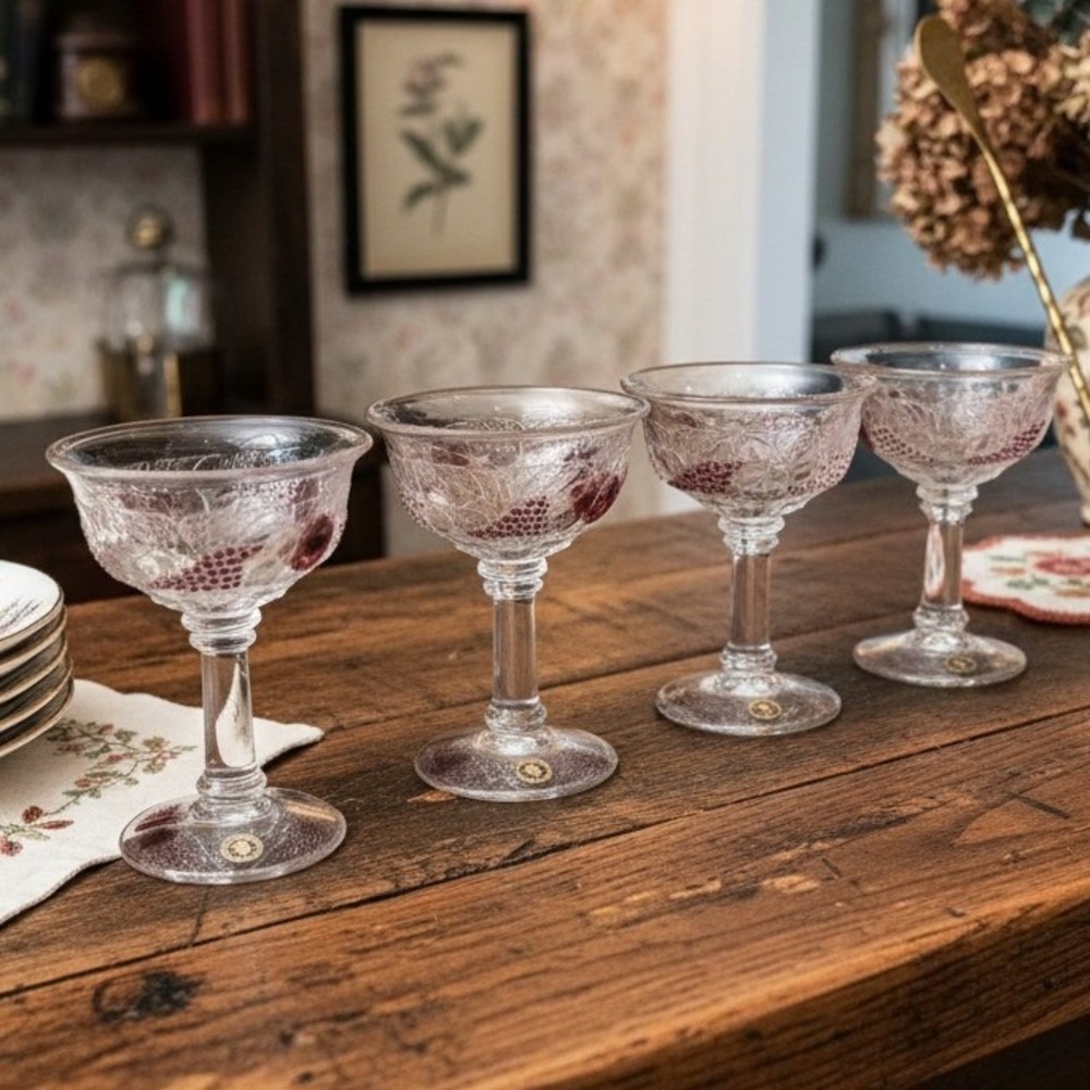 Westmoreland Della Robbia Flashed Sherbet Glasses, Set of 4 Vintage Raised Fruit